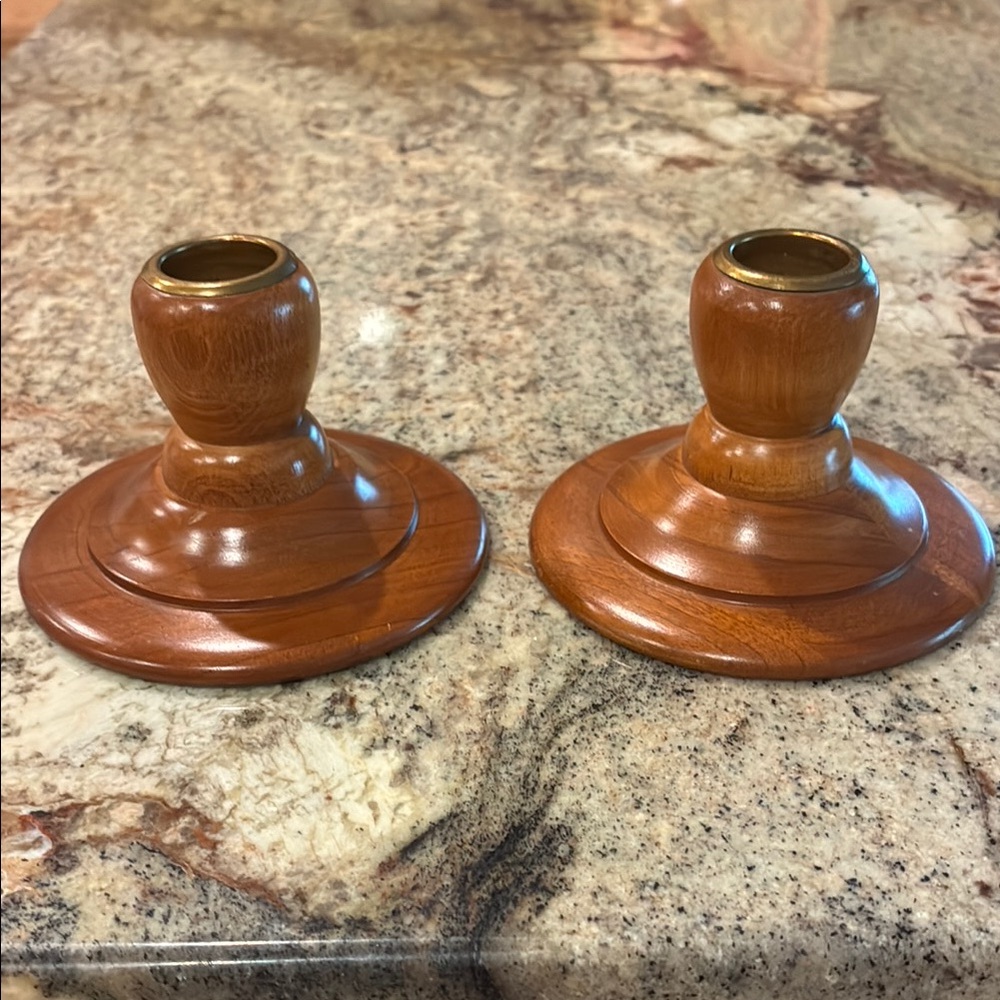 VTG 3” Cherry Wood Candlestick Holders 
USA Woodcroftery  Farmhouse/Colonial